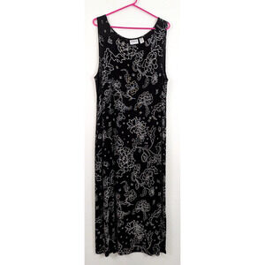 Chico's Travelers sz 3 Long Maxi Dress black white floral slinky sleeveless 0370